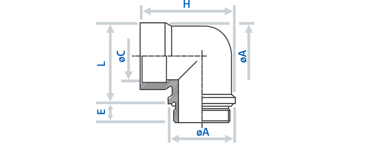 90 Degree elbow fitting for Capri Conduit dimensions diagram