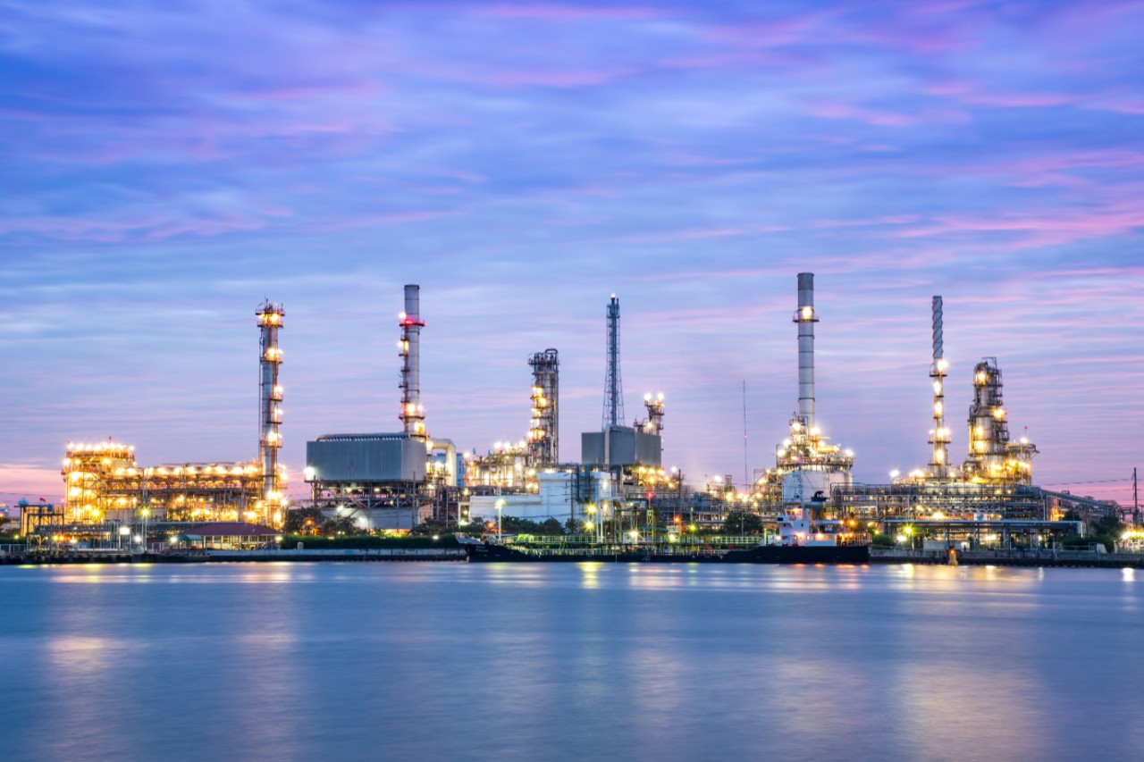 Bangchak oil refinery near Chao phraya river at dawn in Bangkok, Thailand