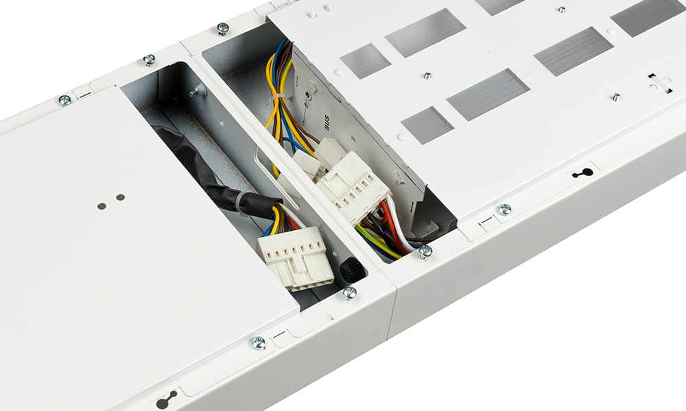 Two Laserline 2's with installer hatchets open showing the pre-installed female and male sockets for easy continuous connection