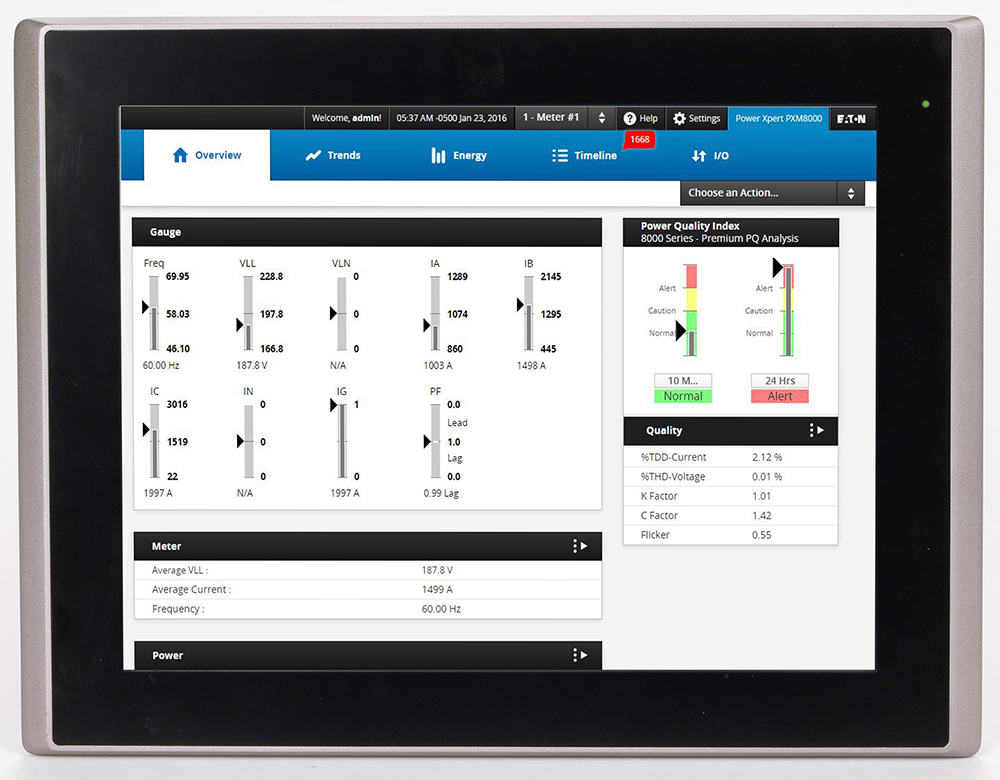 Eaton offers customers a new level of accessibility to the critical information required to manage the electrical distribution system. The touch screen color display provides real-time circuit information in both numeric and graphical visual formats to help monitor  circuit parameters, such as current loading, voltage and power levels, and power factor.
