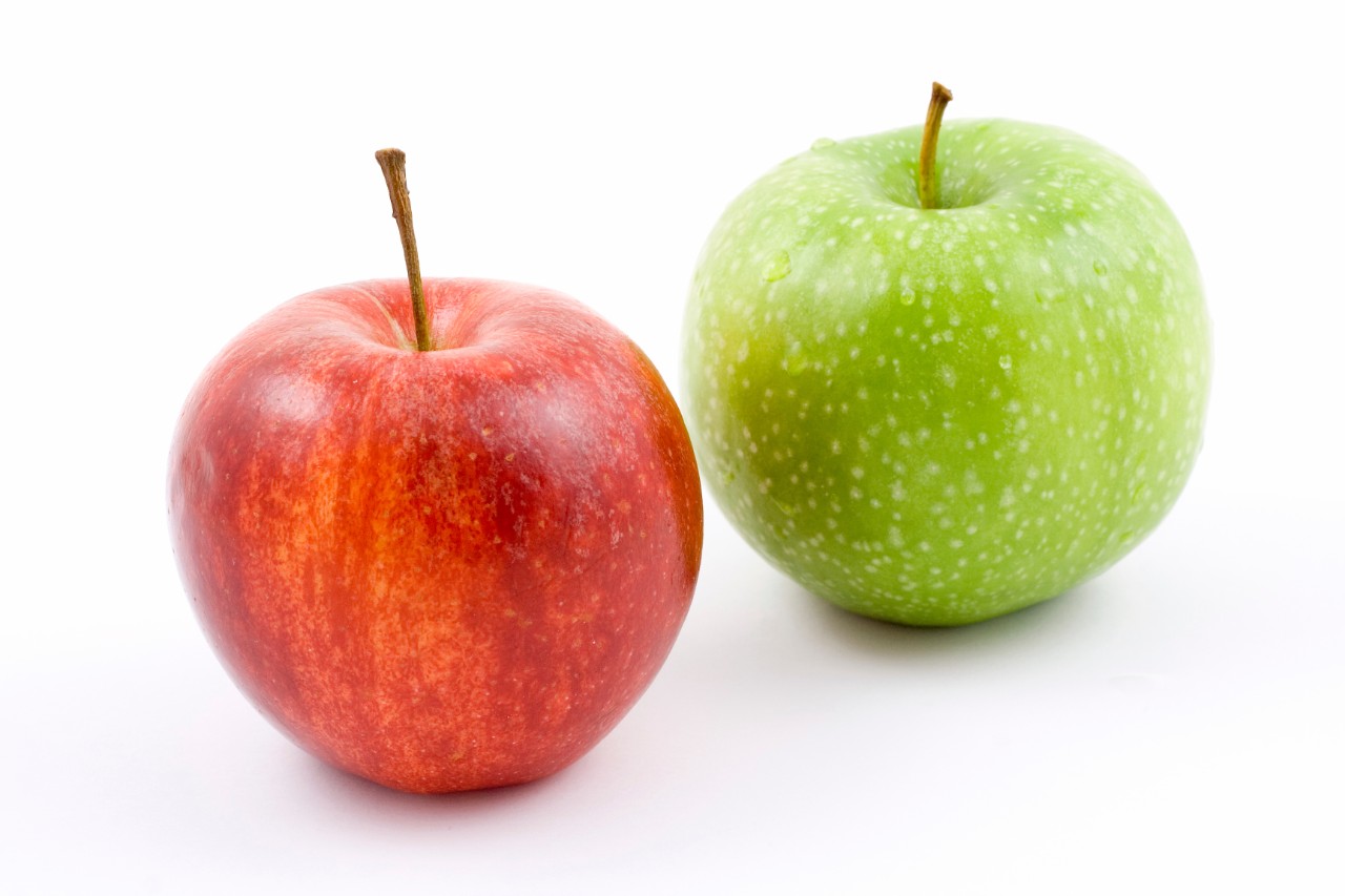 Red and green apple on white background, fruits, healthy diet