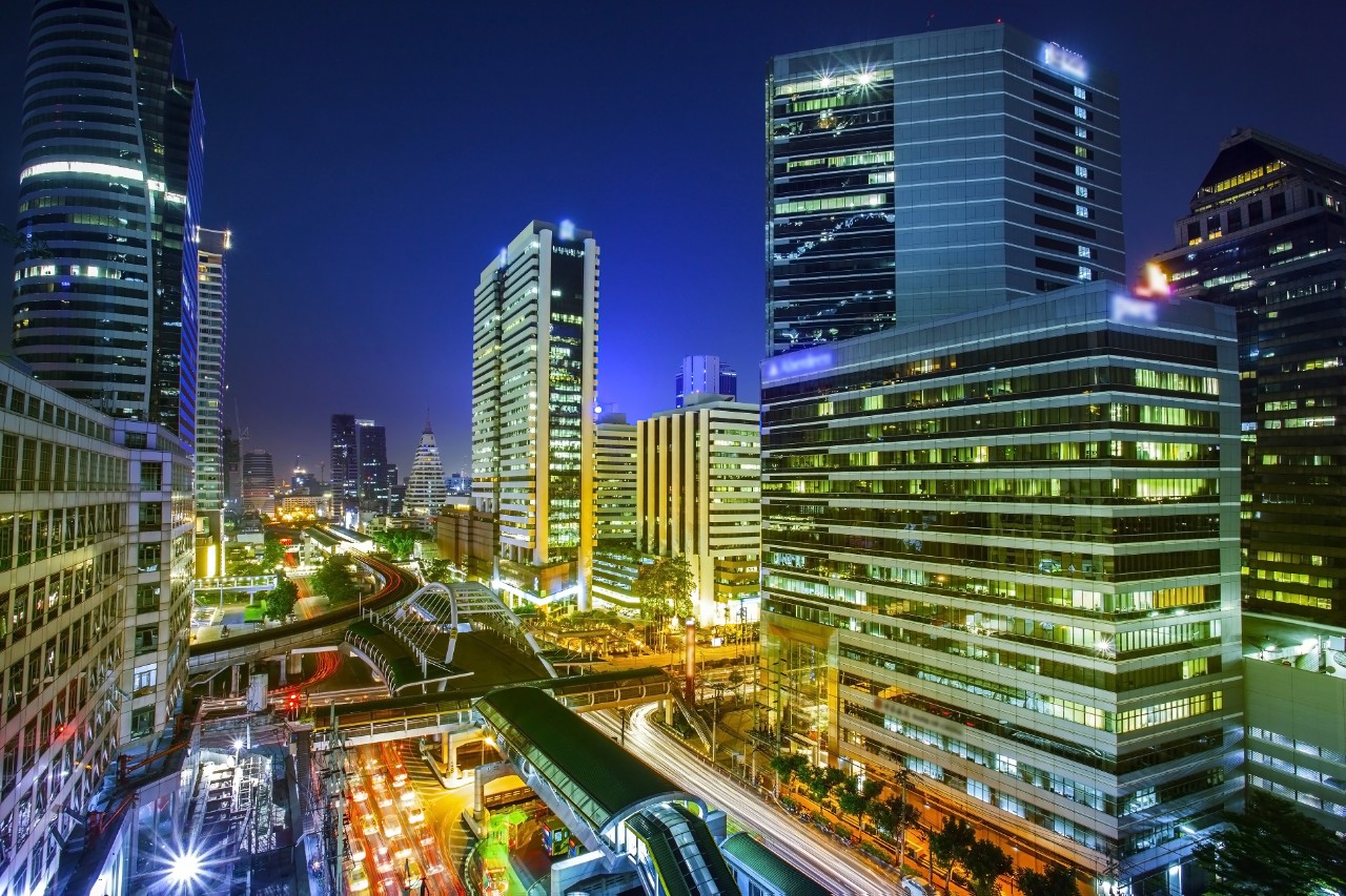 Bangkok city night view with main traffic; Shutterstock ID 122907709