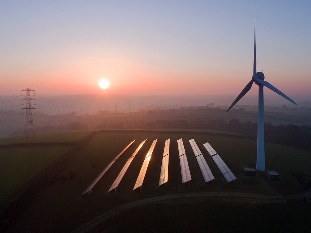 Solar panels and wind mill at dusk 1138398599