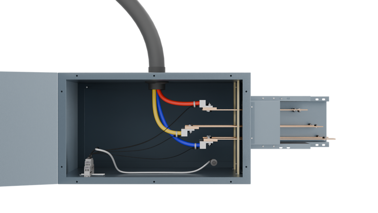 Open end feed box displaying three-phase power conductors and busbar connections.