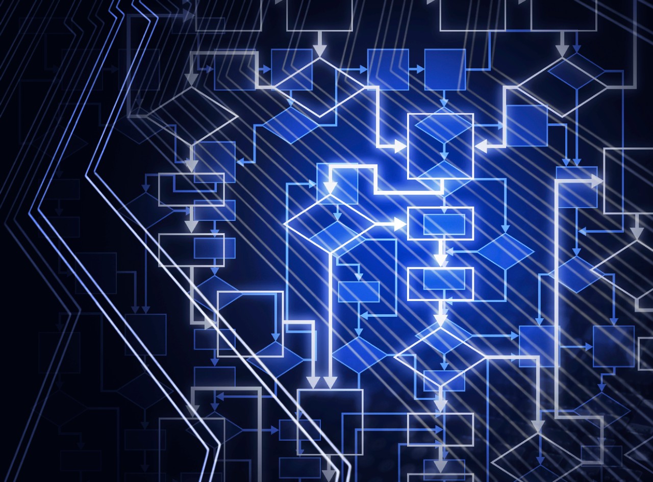 Digital flowchart, abstract, blue, conceptual illustration